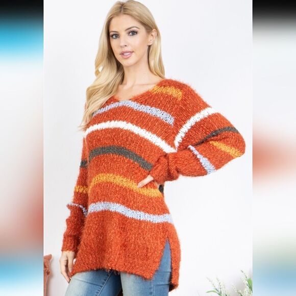 Macaron V Neck Long Striped Pulled Knit Sweater - Picture 1 of 8